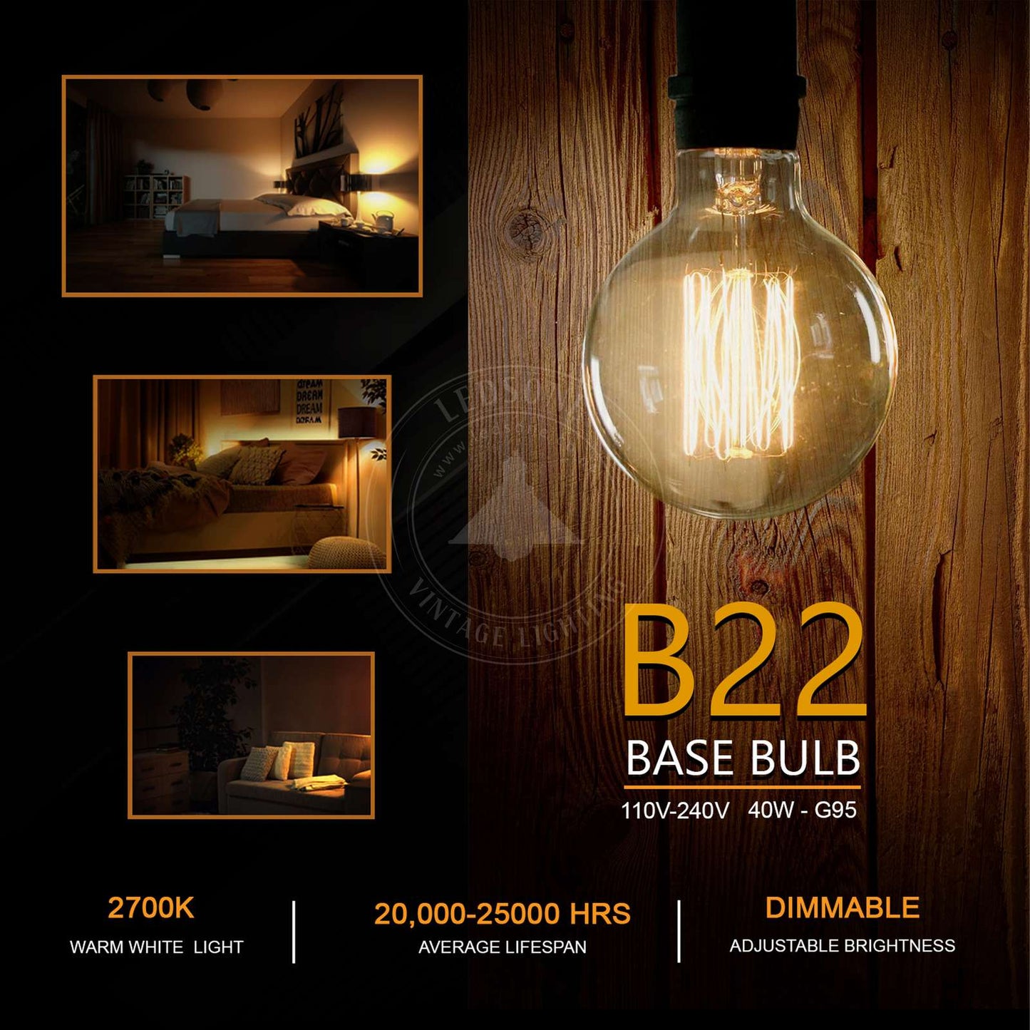 Dimmable G95 B22 40W Edison Vintage Filament Globe Light Lamp Bulb~3788