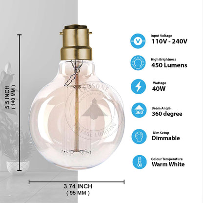 Dimmable G95 B22 40W Edison Vintage Filament Globe Light Lamp Bulb~3788