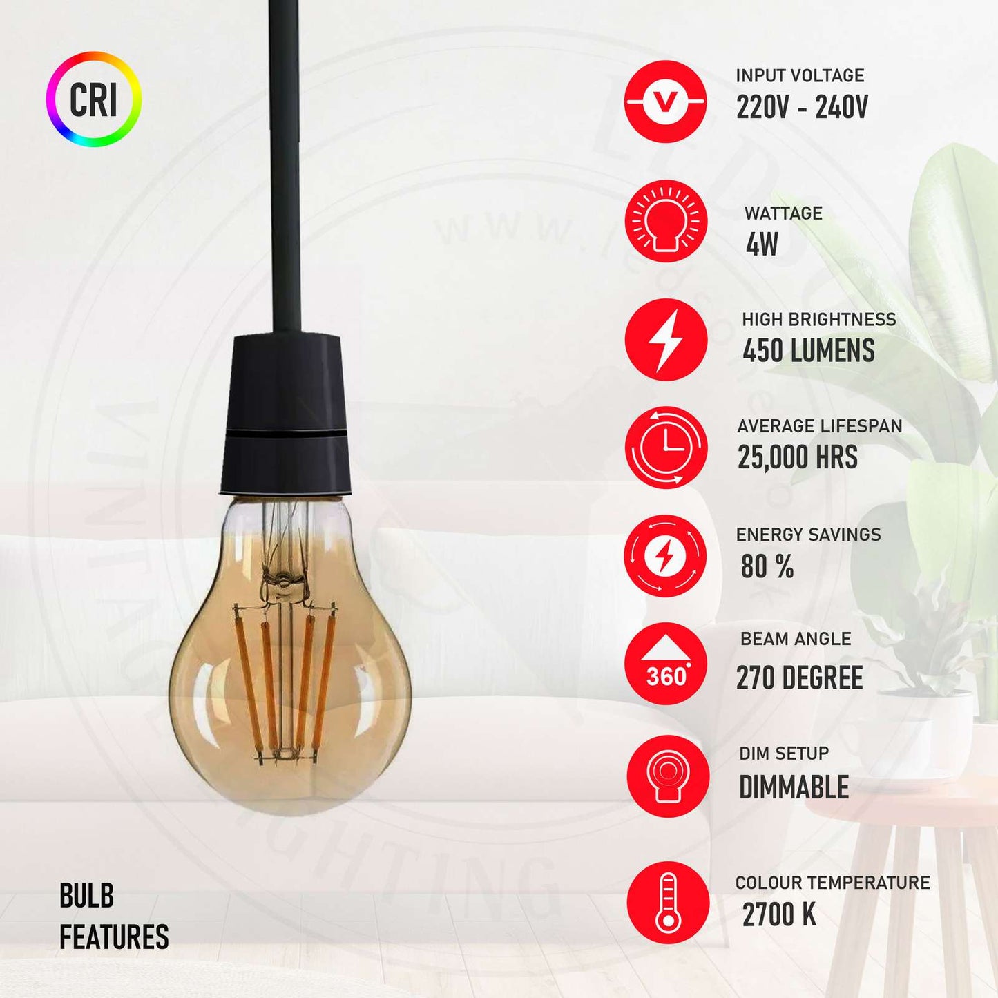 A60 E27 4W Edison Style Dimmable LED filament light Bulb~3806