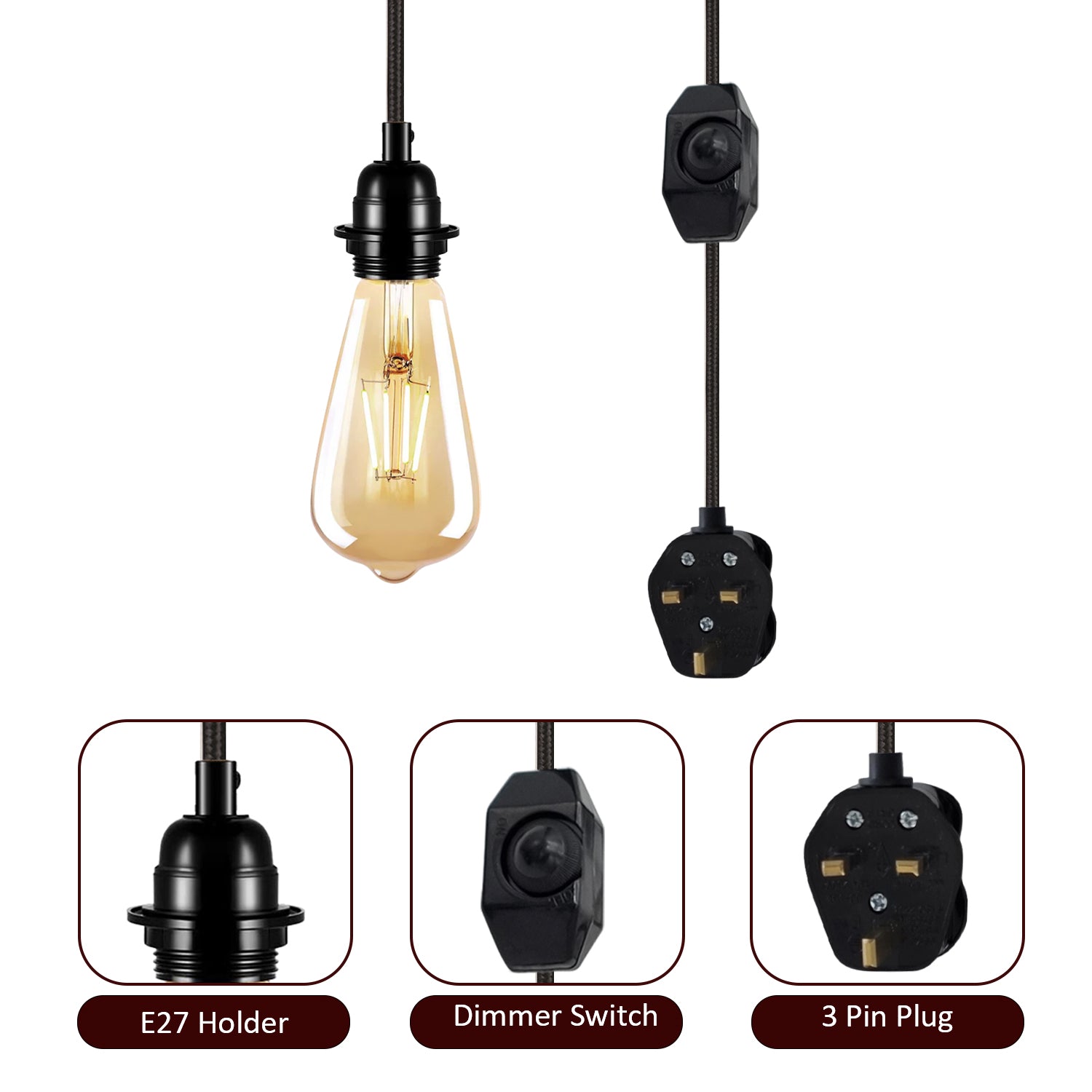 2m E27 Plug in Pendant Holder With Fabric Lighting Cable Vintagelite