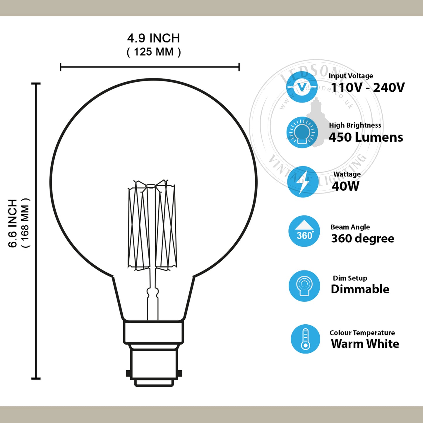 Dimmable G125 B22 40W Globe Industrial Vintage Filament Bulb~1020