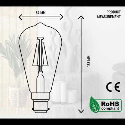 ST64 B22 4W 3 Pack Dimmable Retro Classic Filament LED Bulbs~2986