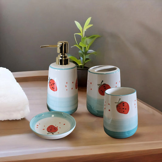 4 Pcs Strawberry Pattern Bathroom Accessory Set Ceramic Bath Set