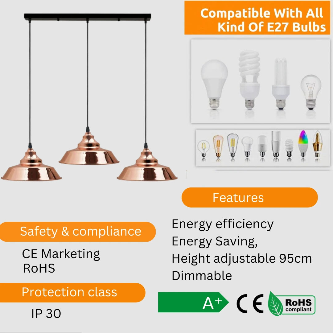 Rose Gold Modern 3 Way Multi Outlet Ceiling Pendant Lights ~1789