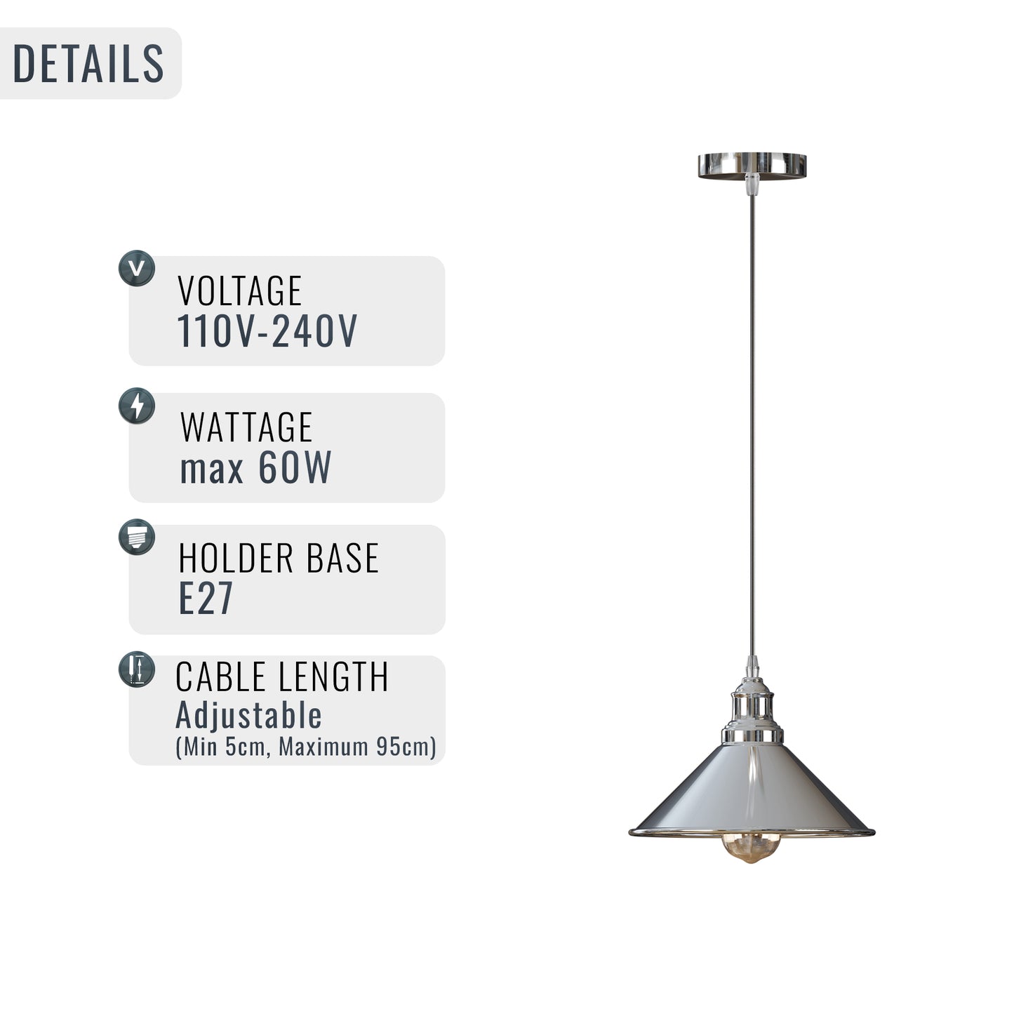 Industrial Vintage Metal Cone Shape Chrome ceiling Pendant Light~2703