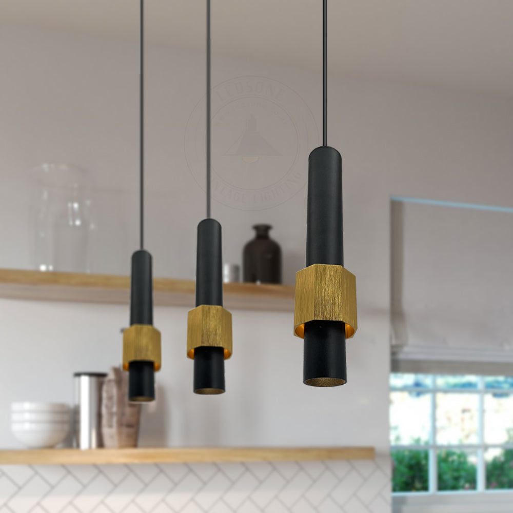 Modern Black & Gold Long Tube Aluminum Ceiling Pendant Cylindrical LED Light - Application Image