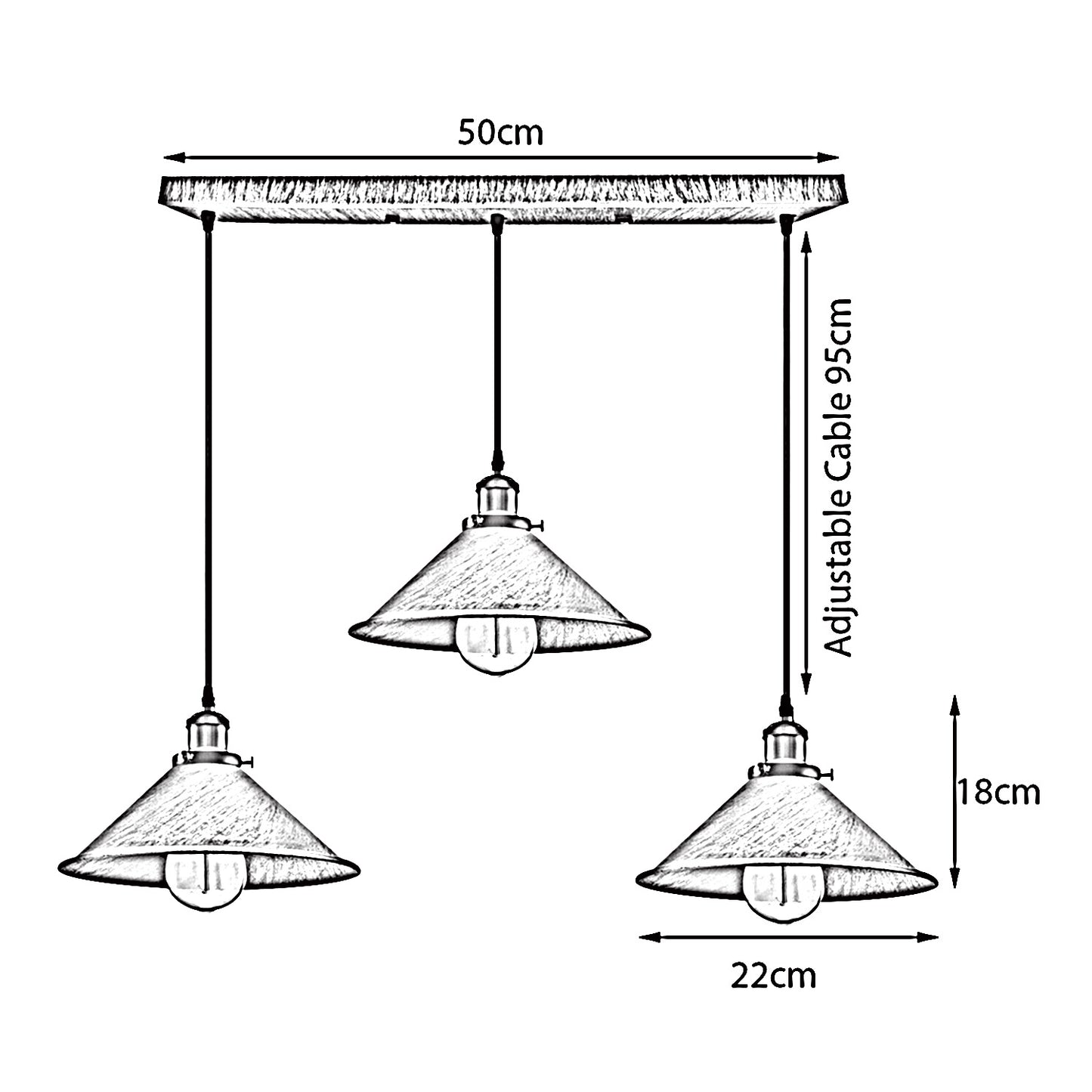 Brushed Brass Industrial 3 Head Metal Cone Shade Pendant Light~2144