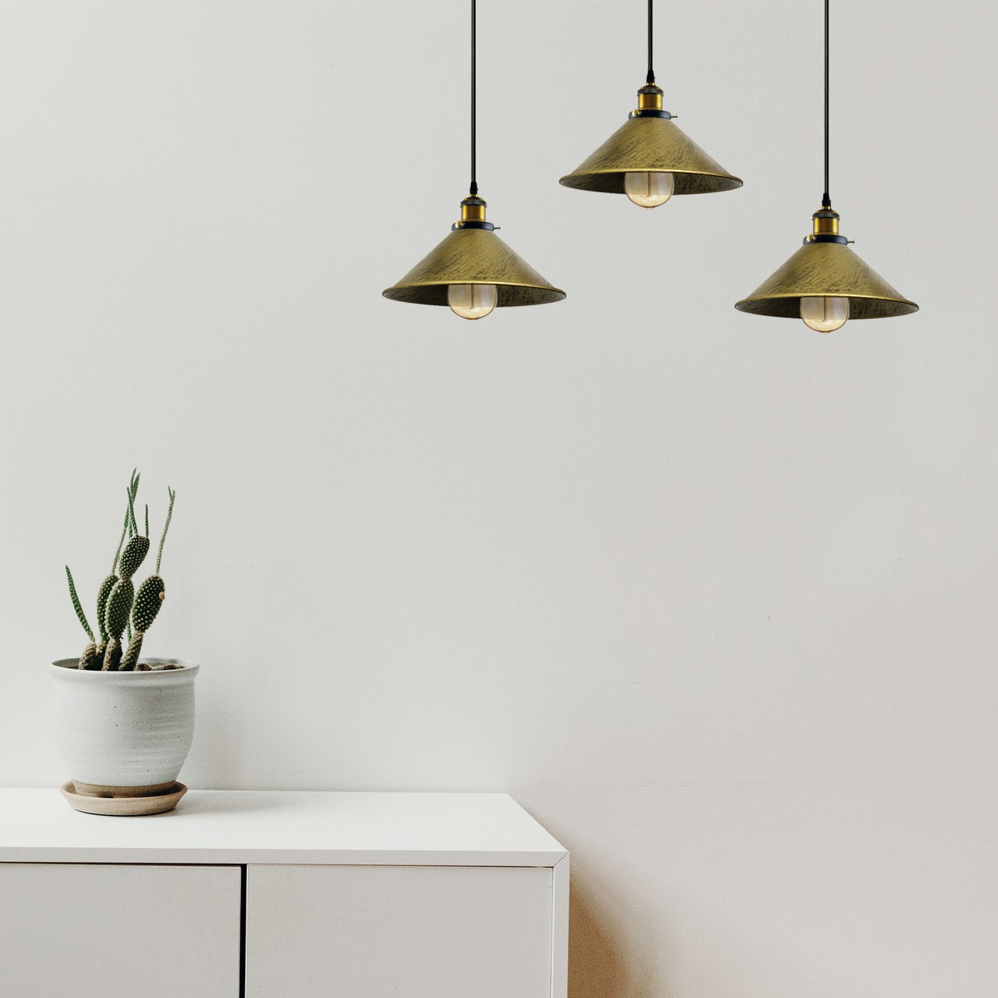 Brushed Brass Industrial 3 Head Metal Cone Shade Pendant Light~2144