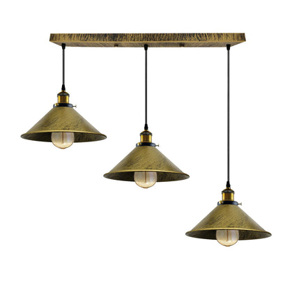 Brushed Brass Industrial 3 Head Metal Cone Shade Pendant Light