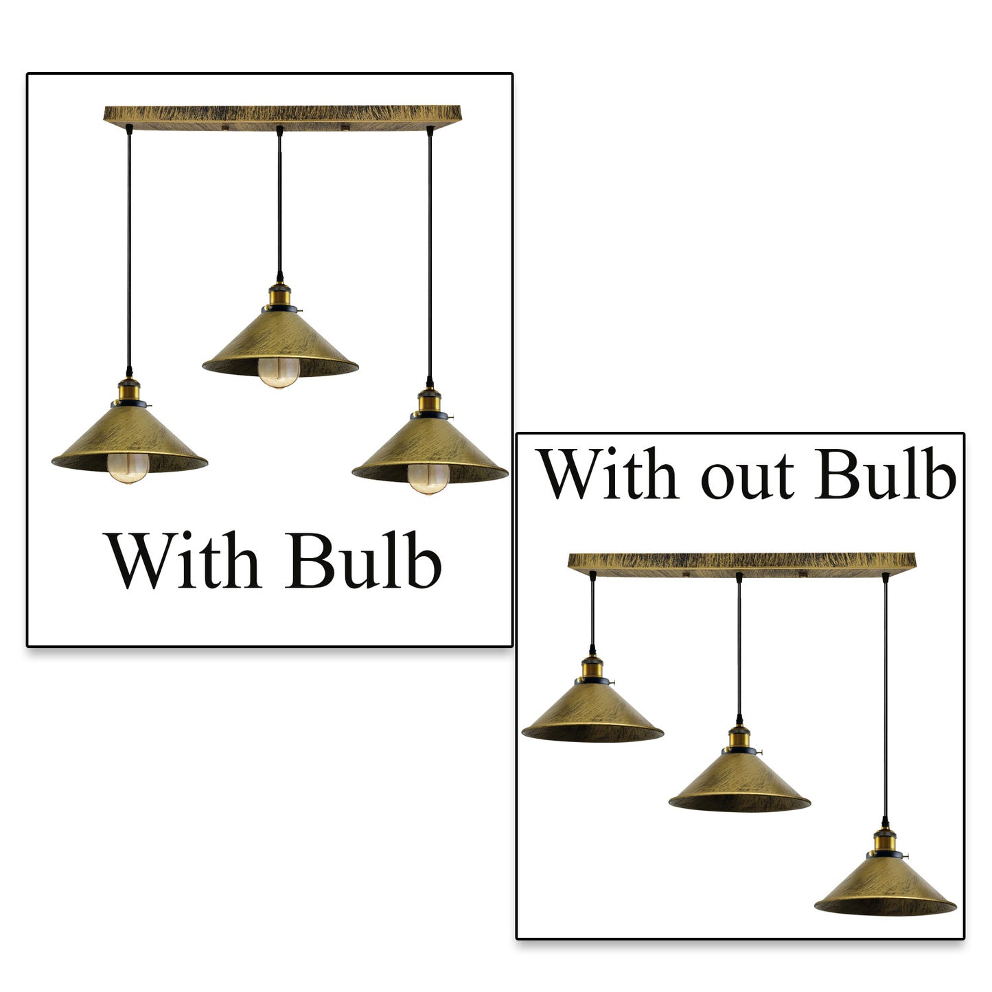 Brushed Brass Industrial 3 Head Metal Cone Shade Pendant Light