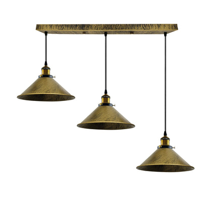 Brushed Brass Industrial 3 Head Metal Cone Shade Pendant Light