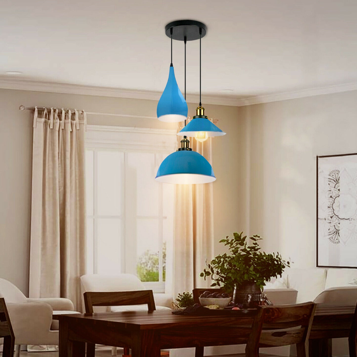 Modern 3 Head Metal Hanging Light Shade Ceiling Pendant Light Blue~2570