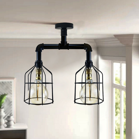 Industrial B22 Vintage Ceiling Lights Metal Pipe Retro Loft Ceiling and Cage Lamps~2633