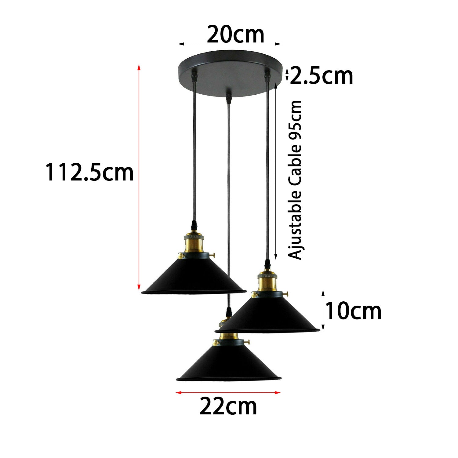 Industrial Vintage 3Head Black Metal Shade Hanging Pendant Light-Size image