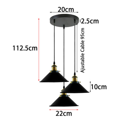 Industrial Vintage 3Head Black Metal Shade Hanging Pendant Light-Size image