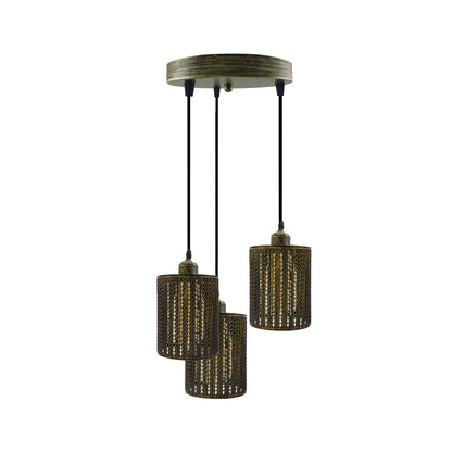 Industrial Drum Brushed Brass Metal 3 Way Pendant Cage Light