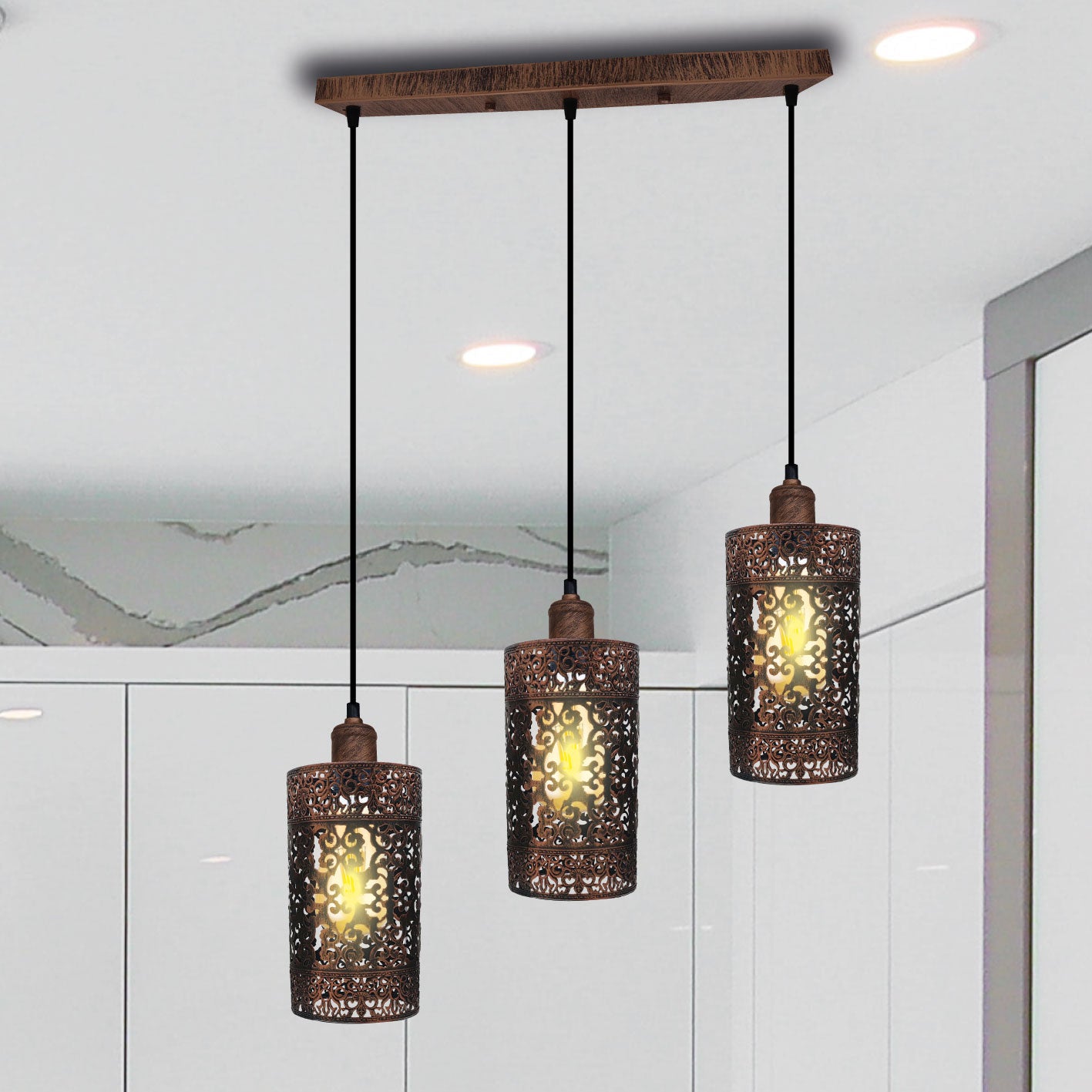 Vintage 3 Way Drum Cylinder Rustic Red Ceiling Pendant Light-Application image