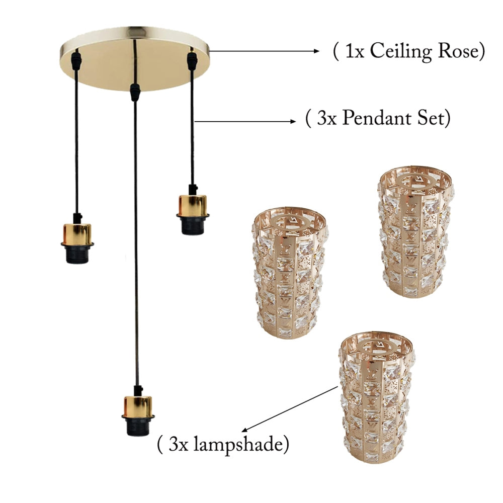 3 Outlet Pendant Ceiling E27 Crystal Glass Drum Light Shade~3143