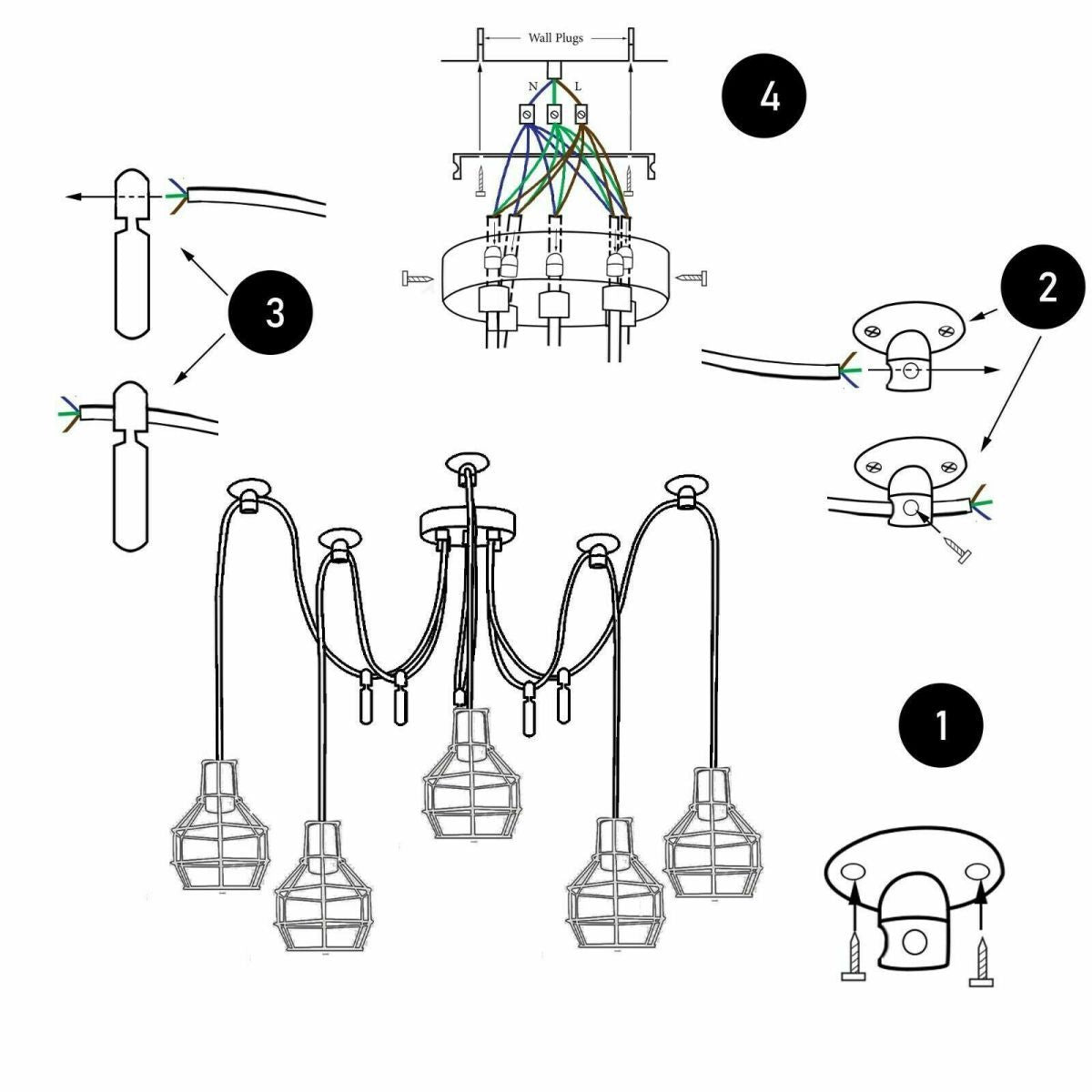 Spider pendant light with wire cage shades